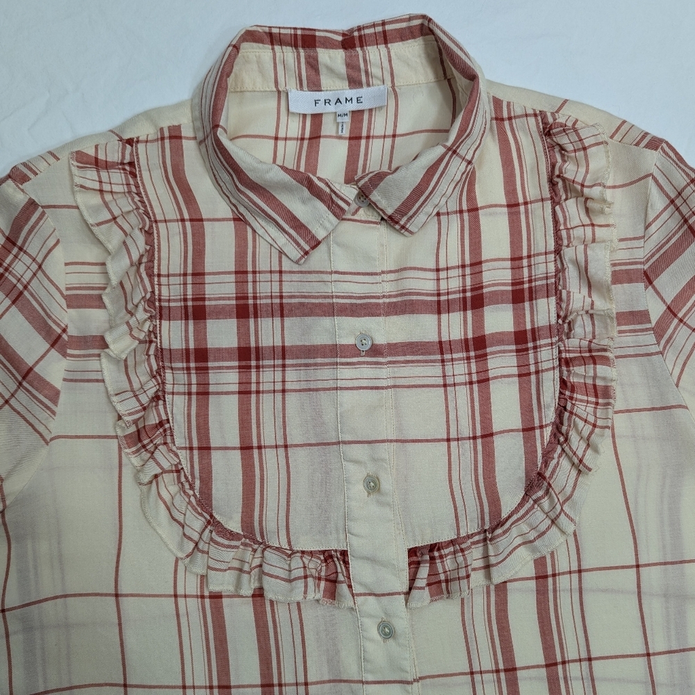 FRAME Plaid Ruffle Button‑Down Shirt Red/Cream Size M - Picture 7 of 10